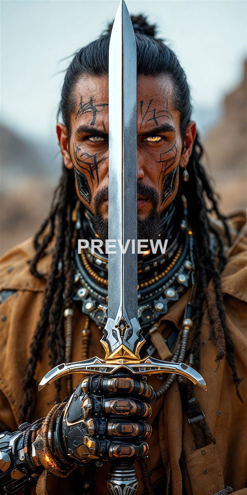 A fierce-looking warrior with tribal face paint, long dreadlocks, and layered jewelry, holding a large sword upright in front of his face, in a desert-like background.